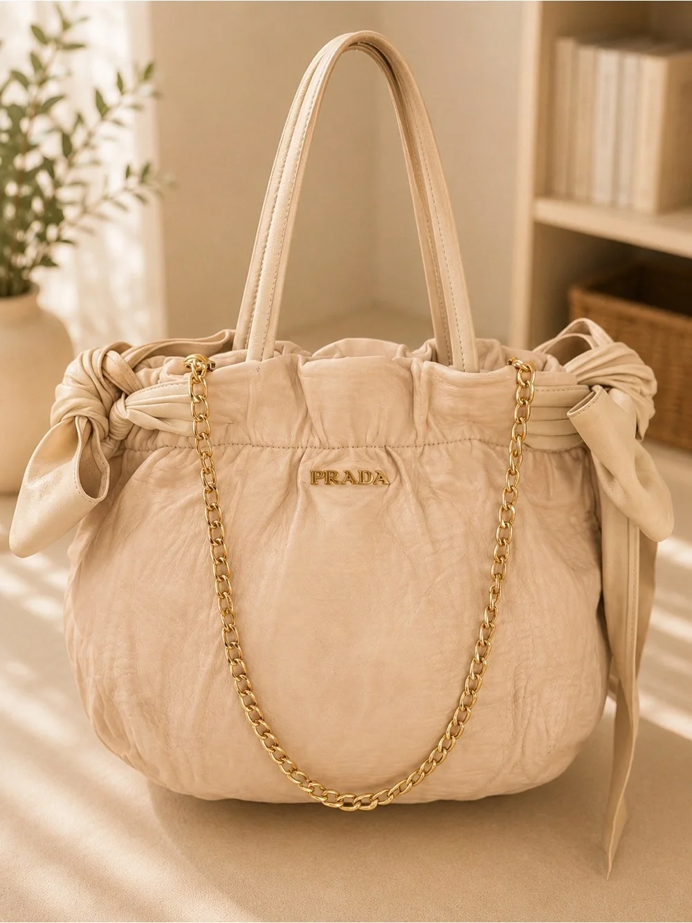 Prada Fiocco Bow Tote Cipria Nappa Leather Rare Archive Bag + Chain - Picture 2 of 16